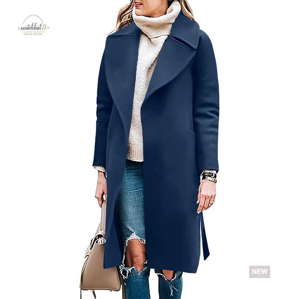 Long Wool Blend Pea Coat Classic Notched Lapel Belted Trench Overcoat Winter